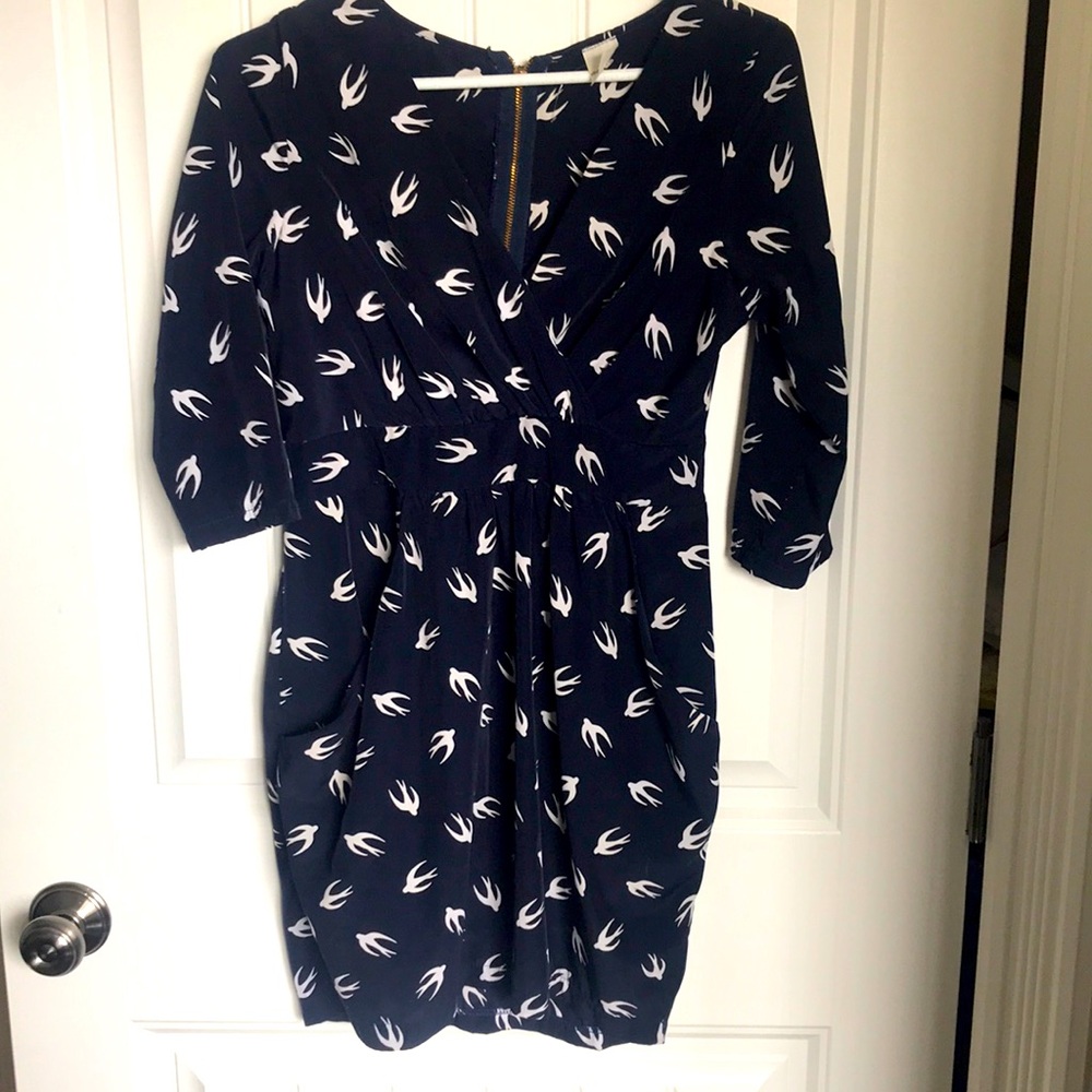 Audrey 3+1 Dark Navy Bird Print Summer Dress with Pockets / Silky Material